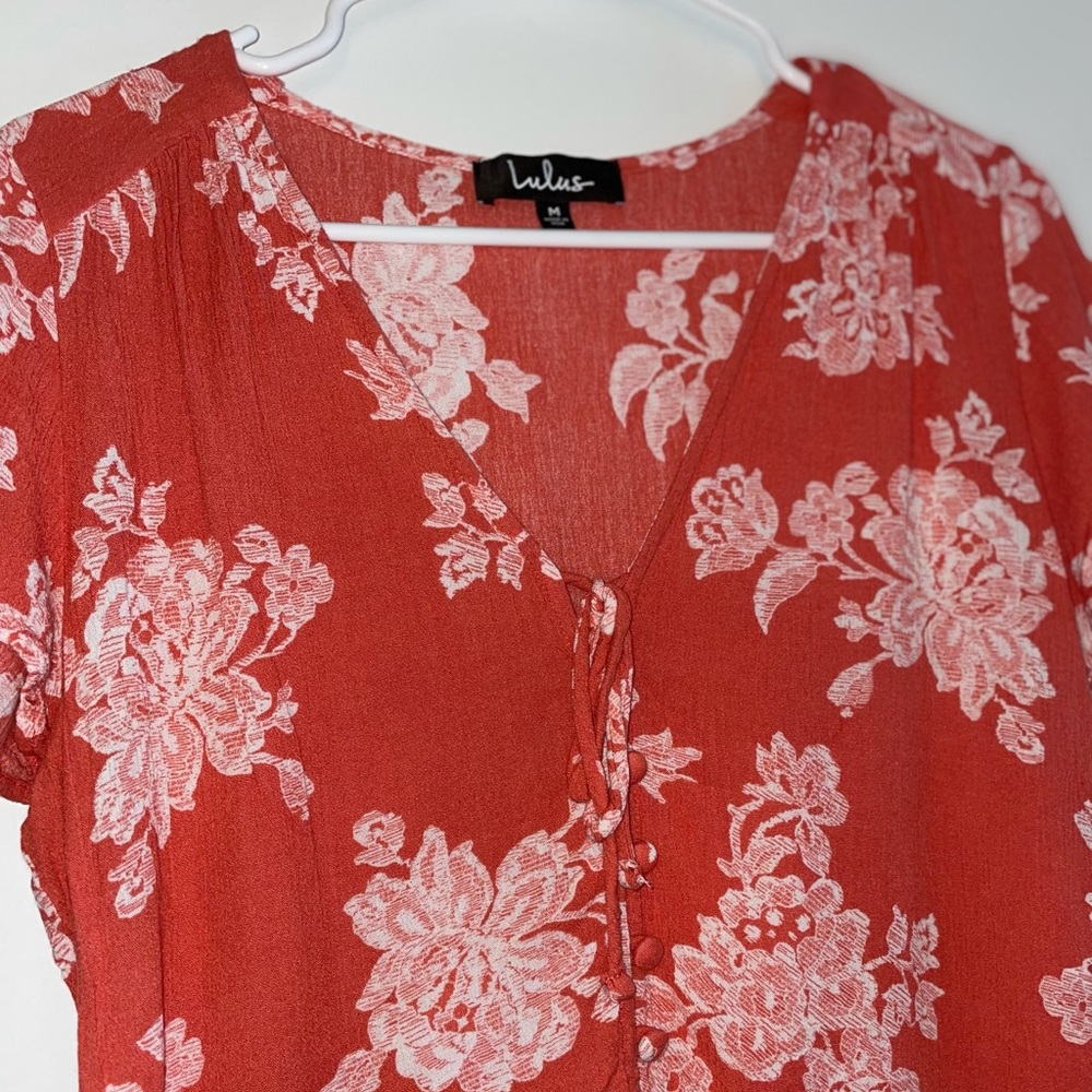 Lulus Short Sleeve Floral Button Up Crop Top - Picture 2 of 4